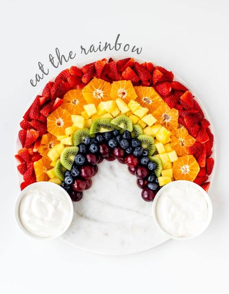 Rainbow Fruit Tray with Yogurt Dip Rainbow Fruit Tray Birthdays, Rainbow Fruit Platter, Rainbow Veggie Tray, Fruit Rainbow, Rainbow Fruit Tray, Rainbow Fruit Platters, Rainbow Snacks, Fruity Snacks, Eat Happy