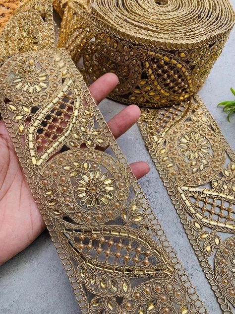 1 Yard Pearl and Crystal Border Gold Broad Trim, Indian Symmetric Zari Embroidered Pearl Zardozi Border Lace, 8 CM Wide - Etsy Zardozi Border, Mirror Lace, Diy Belts, Design For Wedding, Border Lace, Gown Ideas, Plain Outfits, For Wedding Dress, Stylish Blouse