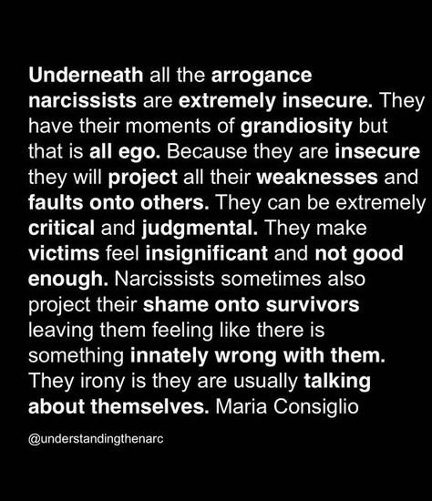 Maria Consiglio on Instagram: "You will see that many times all the things they accuse you of, those are the very things that they do. Narcissists are always projecting things onto other people because they can’t handle the truth about themselves. Narcissists will never allow themselves to feel like there is ever anything wrong with them." Maria Consiglio, People Quotes Truths, Family Issues Quotes, Narcissistic Tendencies, Narcissism Quotes, Betrayal Quotes, Psychology Disorders, Narcissistic Behavior, Positive Self Affirmations