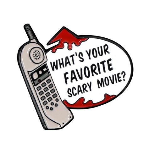 Wear your love of the hit horror movie Scream with this stylish enamel pin! Detailed real metal enamel pin features the Scream phone with the text "What's Your Favorite Scary Movie?". Officially licensed. Packaged on a cardboard backer card. Scream Phone, What's Your Favorite Scary Movie, Ra Themes, Film Journal, Ghostface Scream, Movie Tattoo, Movie Pins, Halloween Graphics, Sketches Pencil