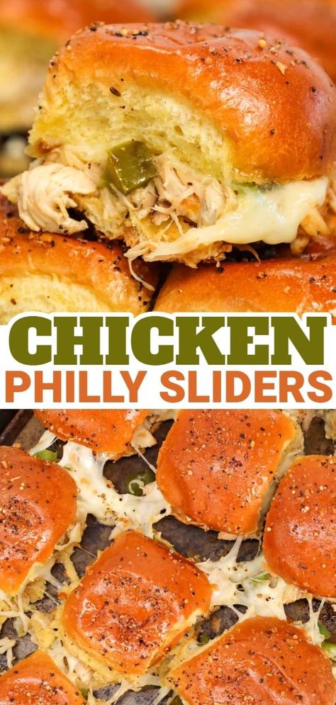 Sliders Display Ideas, Chicken Thigh Sliders, Chicken Sandwich Sliders, Chicken Philly Sliders, Rotisserie Chicken Sliders Recipes, Chicken Sliders Recipes Kings Hawaiian, Rotisserie Chicken Sliders, Philly Sliders, Shredded Chicken Sliders