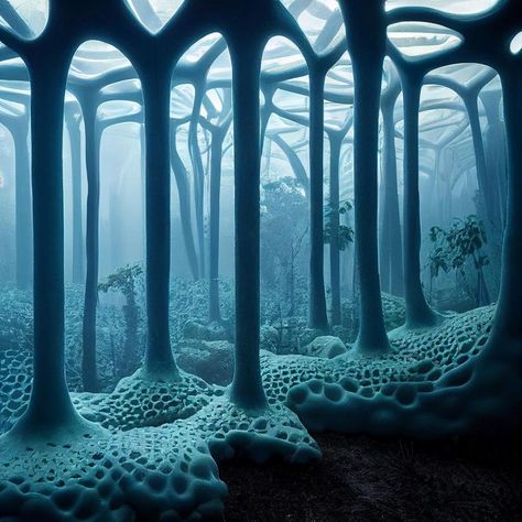 The relationship between Climate Change and AI - ParametricArchitecture Climate Art, Sci Fi Forest, Bioluminescence Architecture, Alien Forest, Alien Tree Concept Art, Alien Isolation Environment, Alien Planet, Parc D'attraction, Virtual World