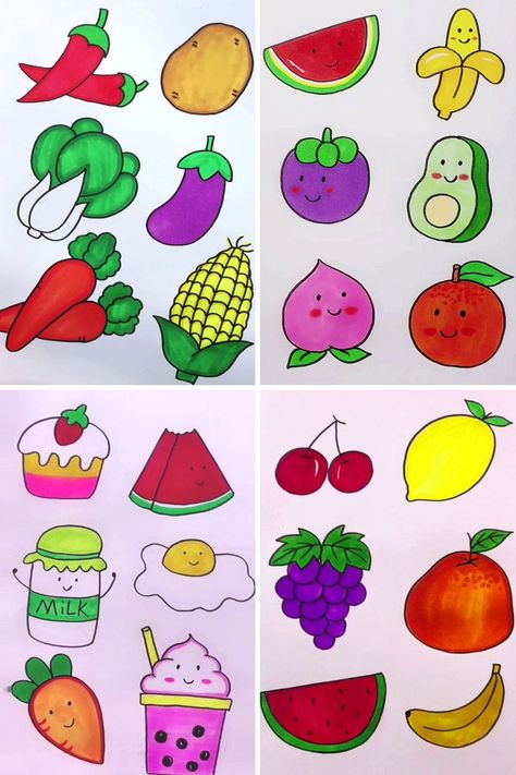 Fruits and Vegetables Drawings | Easy Fruits and Vegetables Drawing for Kids :) | By Parenting | Facebook | Hello friends, welcome to our Facebook page. Fruits are composed of many important vitamins and minerals that are important for the human body. We can take fruits raw or in the form of juices. During summers we love to have those fruits which are rich in water like watermelons, oranges, grapes et cetera. After that you have to colour them properly. Then take a black sketch pen and draw the Easy Fruits Drawing For Kids, Healthy Food Drawing For Kids, Drawing Fruits For Kids, Vegetable Drawing For Kids, Fruits Drawing Easy, Vegetables Drawing For Kids, Veggie Drawings, Fruits Drawing For Kids, Fruit Drawing For Kids