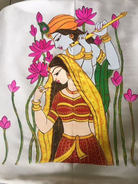 Blouse Painting, Fabric Colour Painting, Saree Painting Designs, Saree Painting, Fabric Painting Techniques, Kerala Mural Painting, Fabric Painting On Clothes, Fabric Paint Designs, Pichwai Paintings