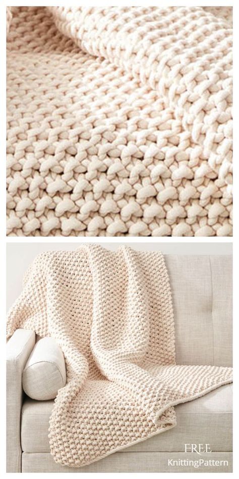 Knit Chunky Seed Stitch Throw Free Knitting Pattern Knitted Throw Patterns, Knit Throw Blanket Pattern, Chunky Knit Blanket Pattern, Knit Afghan Patterns, Chunky Crochet Blanket Pattern, Crochet Throw Pattern, Throw Blanket Pattern, Knitting Patterns Free Blanket, Chunky Knitting Patterns