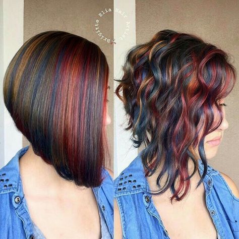 Hint Of Color Hair, Light Brown Hair With Pop Of Color, Pop Of Color Hair, Color Arrangement, Wavy Bob, Oil Slick, Haircut And Color, Penteado Cabelo Curto, Hair Color And Cut