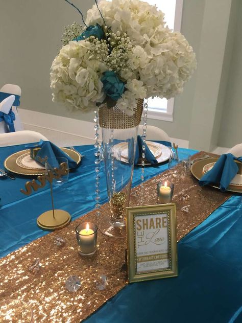 Maya Teal And Gold Table Decorations, Blue Ivory And Gold Wedding, Teal And Gold Party, Gold Table Centerpieces, Gold Ivory Wedding, Teal Weddings, Gold Table Decorations, Ivory And Gold Wedding, Gold Wedding Party