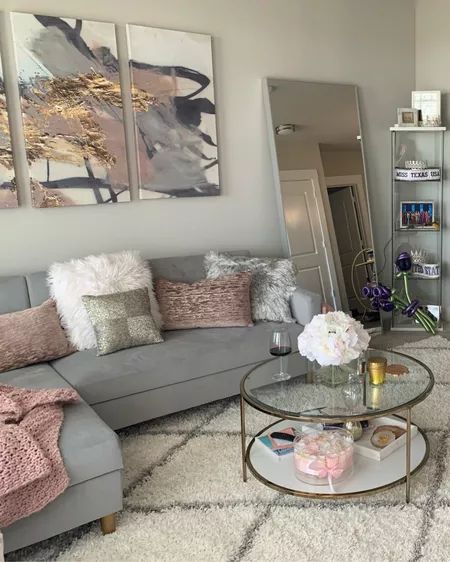 Cute Small Living Room Ideas Apartment, Rose Gold And Grey Living Room, Apartment With Pink Accents, Girl Apartment Decor Living Room Modern, Pink Accent Living Room Decor, Pink Grey White Gold Living Room, Cute Living Room Themes, Cute Home Ideas Living Room, Pink Grey And Black Living Room