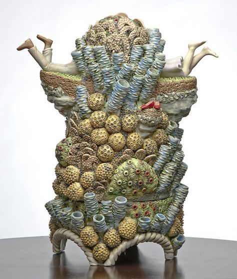 Whimsical Ceramic Sculptures of Tiny Figures Exploring Fantastical Organic Structures | Le It e Amo✪ Megan Bogonovich, Ceramic Coral Reefs, Tiny Figurines, Ceramic Clay Art, Sea Anemones, Ceramic Sculpture Figurative, Organic Structure, 3 D Art, Ceramic Art Sculpture