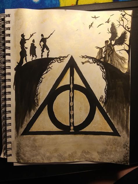 Harry Potter related. I did this for my son. He and I love Harry Potter because it was our thing together to do. All watercolor. Not for sell. Three Brothers Harry Potter, Painting Harry Potter, The Three Brothers, Harry Potter Sketch, Fleurs Art Nouveau, Harry Potter Painting, Harry Potter Illustrations, Harry Potter Deathly Hallows, Harry Potter Tattoos