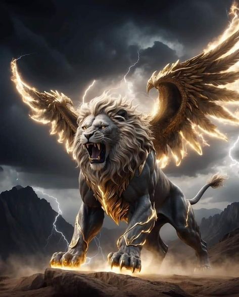 Lion Warrior Art, Lion Fantasy Art Mythical Creatures, Fantasy Lion, Magic Lion Fantasy Art, Archangel Raguel, Lion Dark Photography, Muslim Photos, Winged Lion, Tiger Wallpaper