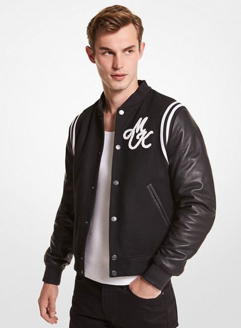 Wool Blend And Leather Baseball Jacket | Michael Kors - Google Chrome Leather Baseball Jacket, Baseball Varsity Jacket, Michael Kors Men, Google Chrome, Baseball Jacket, Varsity Jacket, Wool Blend, Communication, Tommy Hilfiger