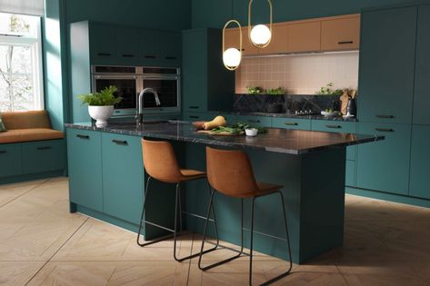 Top Kitchen Design Trends on Instagram | Wren Kitchens Bright Kitchen Colors, Wren Kitchens, Top Kitchen Designs, Wren Kitchen, Teal Kitchen, Kitchen Prices, Kitchen Colour Schemes, Brown Kitchens, Kitchen Installation