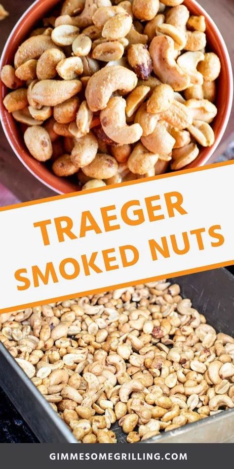 No one can stop munching on these delicious smoked nuts once they start. You can prepare them on your smoker, grill or in your oven. The result is an addictive mix of nuts that are salty and delicious. Make these to share with friends and family over the holidays. #nuts #recipe Smoked Mixed Nuts In Smoker, Smoked Nuts Recipes, Smoked Nuts In Smoker, Holiday Snack Mix Ideas, Snack Mix Ideas, Super Bowl Party Menu, Bbq Snacks, Traeger Cooking, Easter Snack