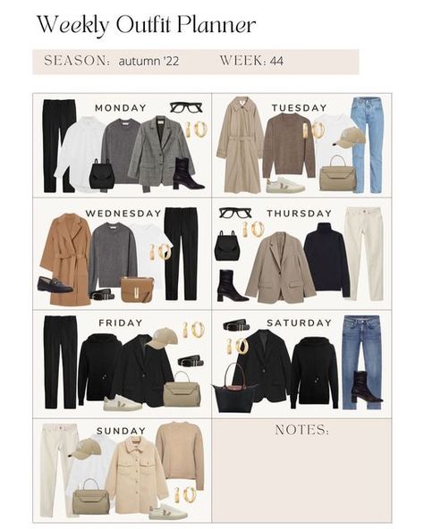 Ewelina Kanty on Instagram: "Year of outfits - WEEK 44 ___ #outfitplanning #outfitinspirations #simpleoutfits #simplefashion #autumnoutfits #falloutfits #autumnstyling #cozyfashion" Week Outfit Plan, Weekly Outfit Planner, Eurotrip Outfits, Classic Chic Outfits, French Capsule Wardrobe, Capsule Wardrobe Casual, Capsule Wardrobe Women, Capsule Wardrobe Basics, Outfit Planner