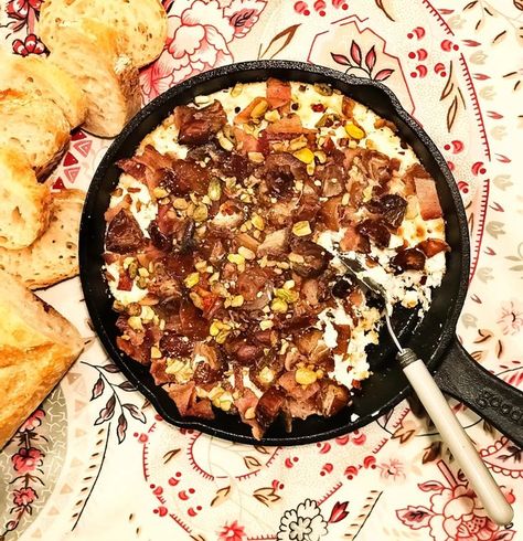 Goat Cheese Bacon And Date Dip, Bacon Date Goat Cheese Dip, Goat Cheese Bacon Date Dip, Creamy Goat Cheese Bacon And Date Dip, Date Dip, Bacon Dates, Goat Cheese Dip, Cheese Dips, Creamy Goat Cheese