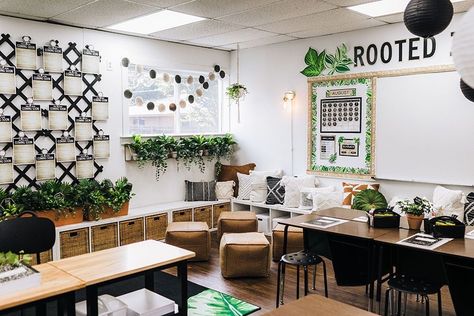 High School Classroom Design Interior, Classrooms With Plants, Plant Boho Classroom, Nature Aesthetic Classroom, Simply Boho Classroom Decor, Boho Nature Classroom Theme, Grow Theme Classroom, Botanical Classroom Decor, Grow Together Classroom Theme