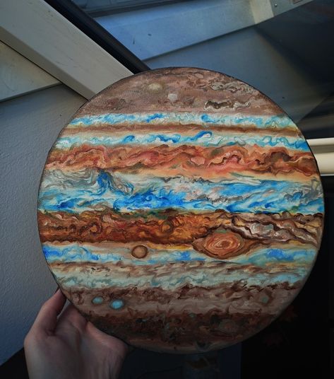 Oil on canvas Jupiter painting Ig: podmechem Planet Painting Circle Canvas, Jupiter Painting Acrylic, Jupiter Painting Easy, Jupiter Painting, Jupiter Drawing, Planets Painting, Planets Drawing, Circular Canvas Painting, Earth Painting