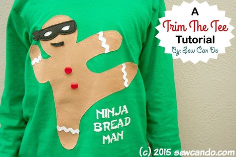 I've finally got a holiday tutorial to share!  It's only early December, but the insane volume of seasonal stuff on the internet starting... Ninja Bread Man, Ugly Christmas Sweater Diy Funny, Diy Christmas Sweater, Christmas Sweater Outfits, Ugly Sweater Diy, Diy Ugly Christmas Sweater, Bread Man, Tacky Christmas Sweater, Shirt Tutorial