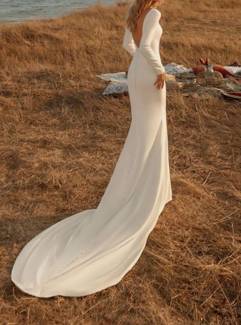 Satin Backless Wedding Dress, Backless Wedding Dress With Sleeves, Wedding Dresses Mermaid Trumpet, Wedding Dresses Off Shoulder, Mermaid Wedding Dress With Sleeves, Mermaid Trumpet Wedding Dresses, Jeweled Wedding Dress, Casual Wedding Dresses, Column Wedding Dress