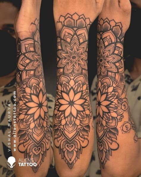 Forearm Mandala Tattoo, Mandala Arm Tattoos, Mandala Tattoos For Women, Aliens Tattoo, Mandela Tattoo, Baddie Tattoos, Mandala Hand Tattoos, Mandala Tattoo Sleeve, Arm Sleeve Tattoos For Women