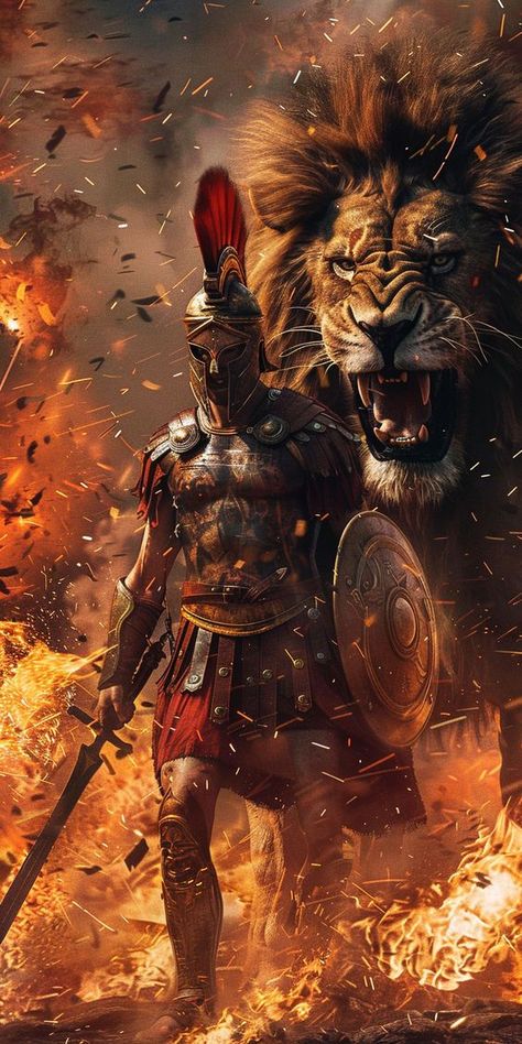 Sparta Warrior, Fire Warrior, Spartan Tattoo, Warrior Concept Art, Roman Warriors, Lions Photos, Warriors Wallpaper, Greek Warrior, Lion Wallpaper