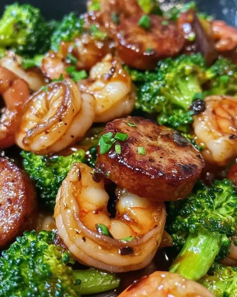 Honey Garlic Shrimp, Sausage & Broccoli - Delicious Recipes - Easy Cooking Ideas and Tasty Dishes Meals With Apple Chicken Sausage, Kielbasa And Broccoli Recipes, Sweet Apple Chicken Sausage Recipes, Easy Shrimp And Sausage Recipes, Sausage Shrimp Broccoli Recipes, Sausage And Broccoli Recipes, Shrimp Sausage Broccoli, Honey Garlic Shrimp Sausage And Broccoli, Honey Garlic Sausage Recipes