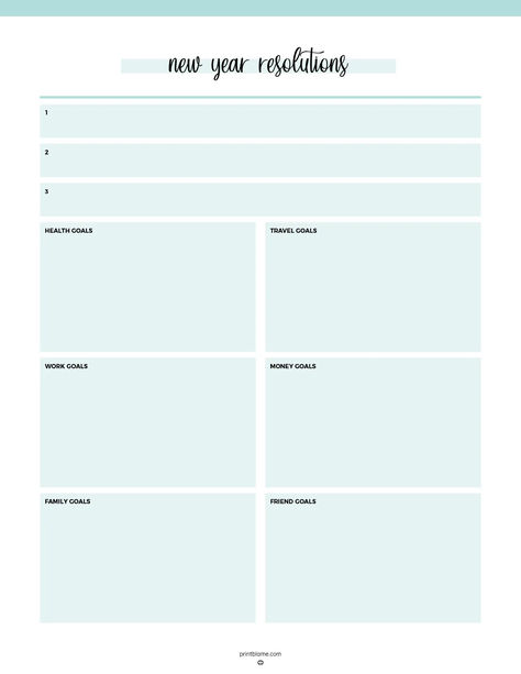 A New Year goal template with spaces for top three goals and sections for health, travel, work, money, family, and friend goals. New Year Goal Setting Template, New Year's Resolutions Template, 2025 Resolution Template, New Years Resolution List Template, 2025 Goals Template, New Years Goals Template, Year Goals Template, New Year Goals Template, New Year Resolution Template