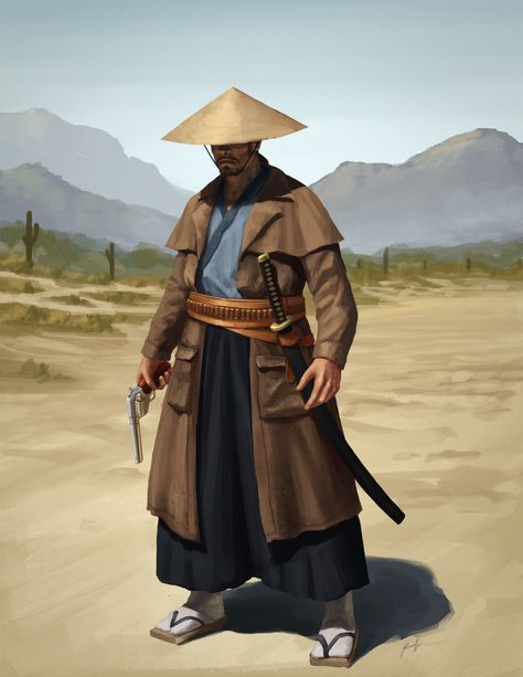 ArtStation - Cowboy Tanaka, Kenneth Sofia Cowboy Character Design, Samurai Clothing, Samurai X, Black Anime Guy, Shadow Warrior, Cowboy Outfits, Cowboy Art, Samurai Art, Dnd Characters