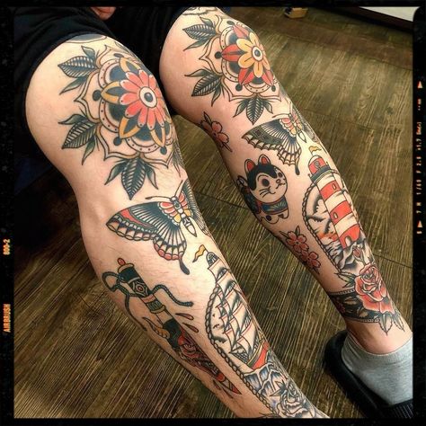 Tattoo Inspiration Colour Tattoo Traditional, American Traditional Calf Tattoo, Calf Tattoos For Women Traditional, Traditional Style Tattoo For Women Leg, Color American Traditional Tattoos, Shin Tattoo Color, Large American Traditional Tattoo, Traditional Tattoo Shin, Traditional Style Leg Sleeve