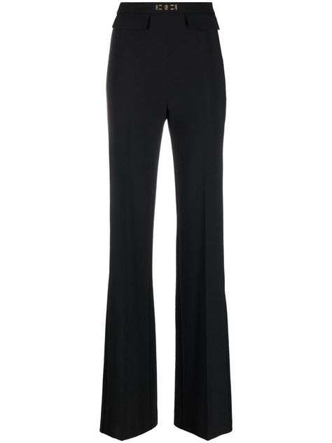 Black crepe texture high-rise bootcut trousers from Elisabetta Franchi featuring logo plaque, pressed crease, high-waisted, bootcut and two side flap pockets.Gender: WomenMaterial: 96%POLYESTER04%ELASTANEColor: BlackMade in: ITProduct ID: PA04931E2110*Import tax/duty will be calculated at checkout (If applicable) Bootcut Trousers, Texture Logo, Airport Fashion, Airport Style, High Waisted Pants, Luxury Boutique, Flap Pocket, Classy Outfits, Black Pants