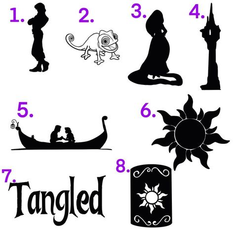 Tangled Rapunzel Tattoo, Rapunzel Tattoos, Tangled Silhouette, Tangled Tattoo Ideas, Rapunzel Tattoo Ideas, Silhouette Art Disney, Sun Tangled, Flynn Rider Rapunzel, Pascal Rapunzel