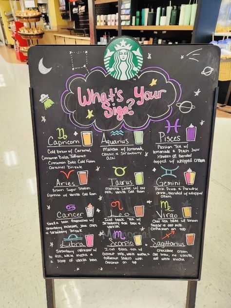 Zodiac Drinks, Blackboard Design, Starbucks Girl, Starbucks Drink Menu, Starbucks Art, Starbucks Secret Menu Recipes, Cold Starbucks Drinks, Starbucks Orders, Secret Starbucks Recipes