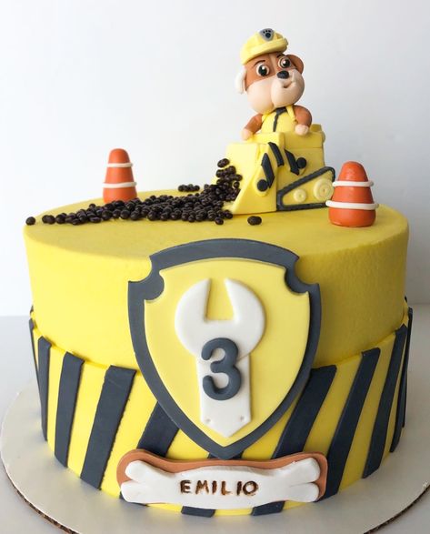 Rubble Paw Patrol Cake  by Esther Paredes Construction Paw Patrol Birthday Party, Rubble Construction Cake, Paw Patrol Rubble Birthday Cake, Rumble Cake, Rubble And Crew Birthday Cake, Paw Patrol Cake Rubble, Paw Patrol Rubble Birthday Party, Rubble Cake Paw Patrol, Rubble Paw Patrol Party Ideas