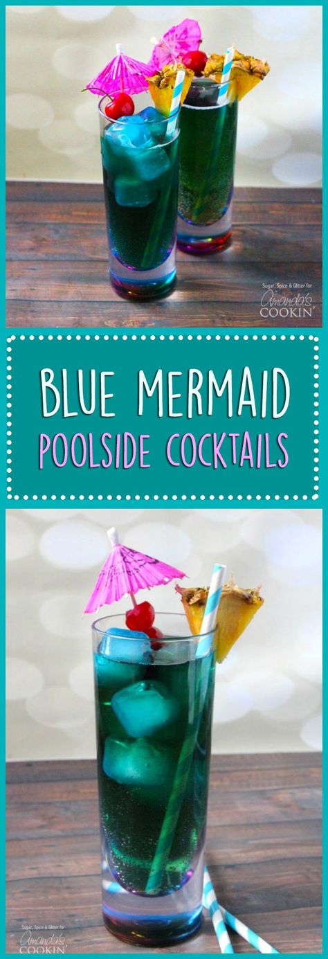 Blue drinks are popular, and this Blue Mermaid Cocktail is fun, if for nothing more than the name! Enjoy this blue mixed drink recipe this summer. Mixed Drink Ideas, Disney Cocktails, Blueberry Gin, Mermaid Cocktail, Mermaid Drink, Gin Sour, Alcholic Drinks, Blue Drinks, Drink Bar