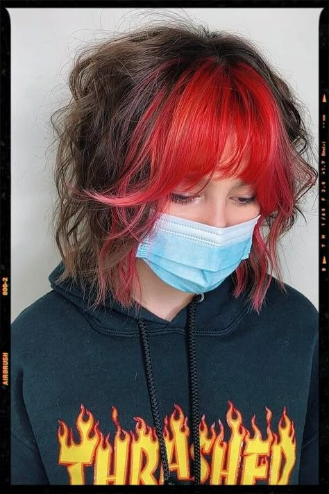 Red Shaggy Bangs - Red bangs - Haircut Idea Red Bangs With Brown Hair, Colored Fringe Bangs, Red Fringe Hair, Pink Bangs Red Hair, Red And Black Peekaboo Hair, Red And Brown Hair Short, Red Hair Black Bangs, Colorful Bangs Hair, Red Hair Color With Bangs