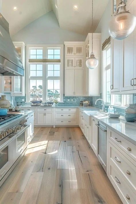 Modern California Coastal Kitchen, Coastal Kitchen White Cabinets, Farmhouse Beach Kitchen, Beach Boho Kitchen, Coastal Kitchen Renovation, Beach House Aesthetic Kitchen, Coastal Boho Interior Beach Houses, Beach Condo Kitchen Remodel, Coastal Granddaughter Kitchen