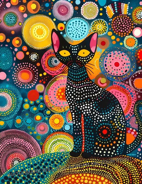 Black Cat Pink Yellow Abstract Whimsical Modern Pointillism Dot Art Print 8.5X11 | eBay Folk Art Cat, Modern Folk Art, Painted Rock Animals, Matchbox Art, Yellow Abstract, Whimsical Cats, Unique Poster, Dot Art Painting, Modern Poster