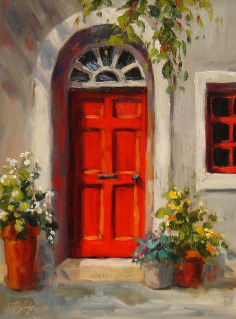 Red Door Art, Door Paintings On Canvas, Painting Of A Door, Paintings Of Doors, Cavas Art, Buildings Painting, Window Pane Art, Journal Painting, Door Painting