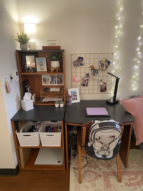 Desk Ideas For College Students, Dorm Desk Ideas Small Spaces, Desk Setup College, College Desk Setup Dorm Layout, Dorm Desk Mirror, Realistic College Dorm, Desk Dorm Ideas, College Desk Decor, College Dorm Desk Setup