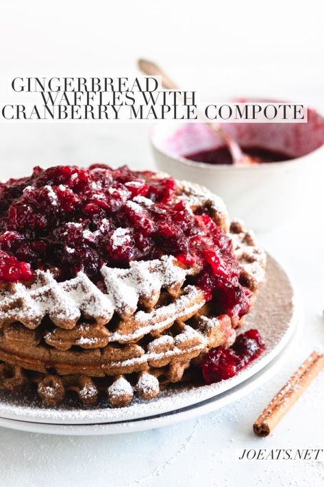 Gingerbread waffles with cranberry maple compote are a delicious holiday breakfast to entertain with this Christmas season. Get this warm and festive recipe at joeats.net. #breakfast #holiday #christmasrecipe #holidaybreakfast #brunch #waffles #gingerbreadwaffles #joeats Christmas Breakfast Recipes, Gingerbread Waffles, Brunch Waffles, Christmas Waffles, Gingerbread Dessert, Gingerbread Art, Holiday Flavors, Gingerbread Spice, Christmas Breakfast Recipe