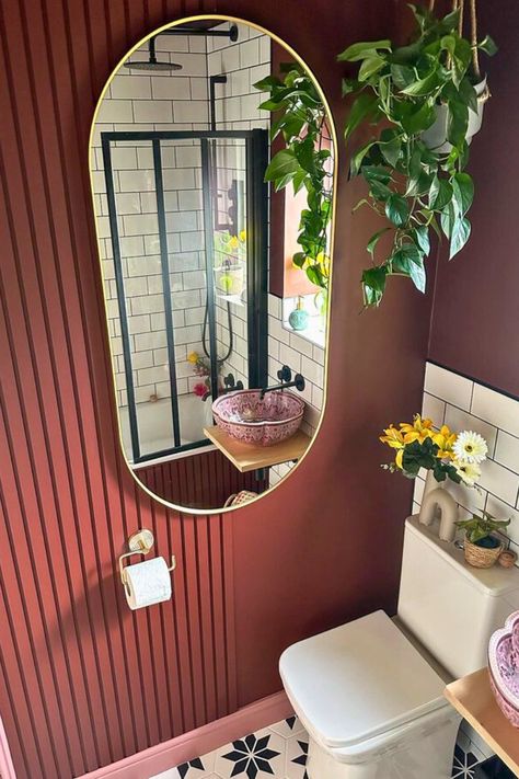 35 Small Bathroom Ideas – The Crafty Hacks Decorating A Small Bathroom, Maroon Bathroom, Very Small Bathroom, Small Toilet Room, Eclectic Bathroom, Downstairs Toilet, Toilet Room, Small Toilet, Bath Panel