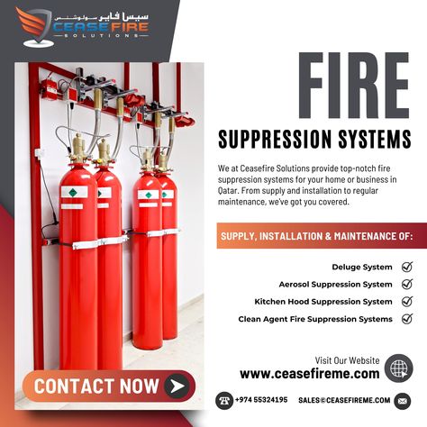 Supply, Installation & Maintenance of Fire Suppression Systems in #Qatar ✅ Deluge Systems ✅ Aerosol Suppression System ✅ Kitchen Hood Suppression System ✅ Clean Agent Fire Suppression Systems Call: +974 40389783 / +974 30753334 Mail: sales@ceasefireme.com Visit: https://www.ceasefireme.com/fire-suppression-system/ Location: https://goo.gl/maps/U8QsXX7ZE2n9bRit8 #FireSafety #FireSuppression #QatarSafety #DelugeSystem #AerosolSuppression #KitchenHood #CleanAgent #FireProtection #SafetyFirst ... System Kitchen, Fire Suppression System, Fire Suppression, Kitchen Hood, Kitchen Hoods, Fire Protection, Fire Safety, Qatar, Quick Saves