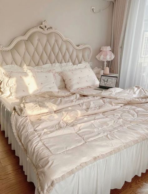 Pink Soft Room, Hyper Feminine Bedroom, Coquette Room Bed, Coquette Bed Frame, Couqutte Aesthetic Room, Pink Bed Aesthetics, Pink Aesthetic Bed, Small Coquette Room, White And Pink Bedroom Aesthetic