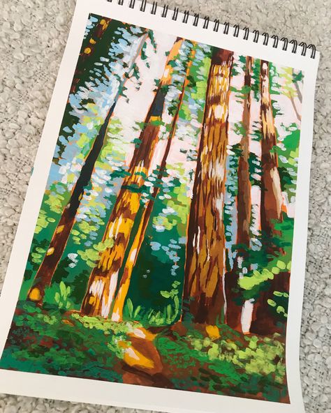 Wald, forest, trees, painting art gouache, sketchbook painting Fall Gouache Painting, Gouache Tree, Gouache Abstract, Nature Sketchbook, Gouache Landscape, Whimsical Art Journal, Painting Forest, Gouache Illustrations, Posca Art