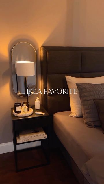 Ikea Bedroom Black Furniture, Ikea Bed Frame Black, Ikea Bedroom Dark, Vikhammer Bedside Table, Black And Off White Bedroom Ideas, Vikhammer Nightstand Styling, Black Ikea Nightstand, Bedroom Nightstand Styling, Bedroom Inspirations Nightstands