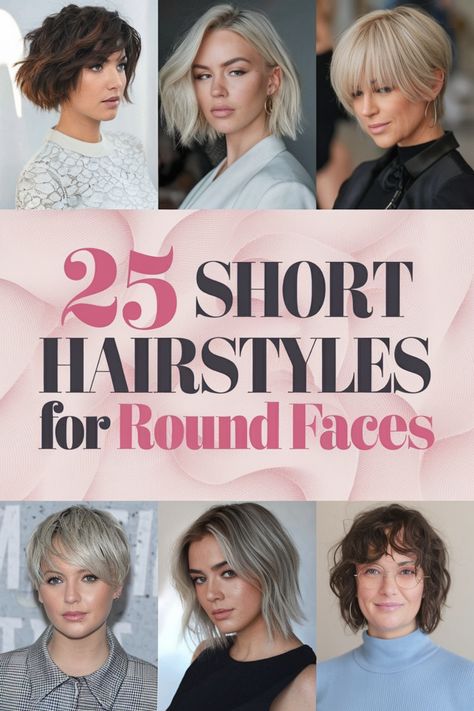 25 short hairstyles for round faces, featuring six women's hairstyles. Short Fine Hair For Round Face, Haircut Style For Round Face Girl, Short Haircut For Round Face Girl, Hair Styles Round Face Over 50, Short Haircuts For Women With Round Face, Flattering Short Hair For Round Faces, Short Haircuts For A Round Face, Medium Length Hairstyles For Round Faces, Short Hairstyles For Round Faces Over 50