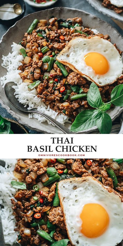 The fastest way to get great tasting Thai food is to make it in your own kitchen with this aromatic, flavorful and healthy Thai basil chicken recipe. {Gluten-Free Adaptable} Slow Cooker Thai Basil Chicken, Pad Gra Pow Thai Basil Chicken, Minced Meat Recipes, Thai Basil Chicken Recipe, Thai Basil Recipes, Basil Chicken Recipe, Pad Krapow, Thai Basil Beef, Easy Thai Recipes