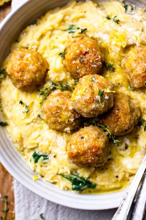 Creamy Spinach Orzo, Butter Chicken Meatballs, Chicken Meatball Recipe, Spinach Orzo, Chicken Meatball, Cheesy Spinach, Lemon Butter Chicken, Chicken Meatball Recipes, Meatball Recipe