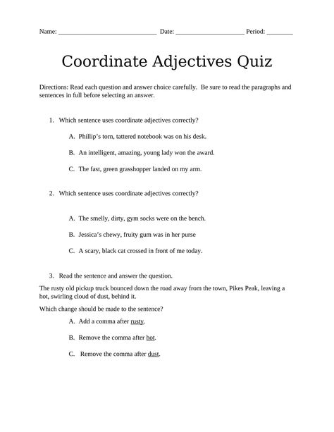 Creaky Stairs, Coordinate Adjectives, Adjective Quiz, Mysterious House, Green Grasshopper, The Attic, Distance Learning, Wooden Box, Assessment